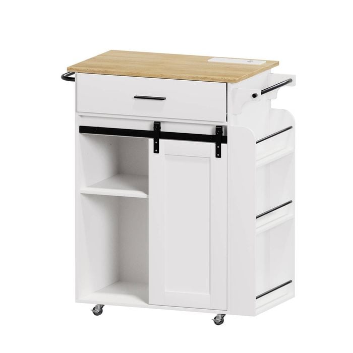 Advwin Farmhouse Kitchen Island Cart on Wheels with Power Outlet White