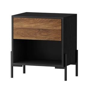 Oikiture Bedside Table 1 Drawer Shelf Nightstand Walnut and Black