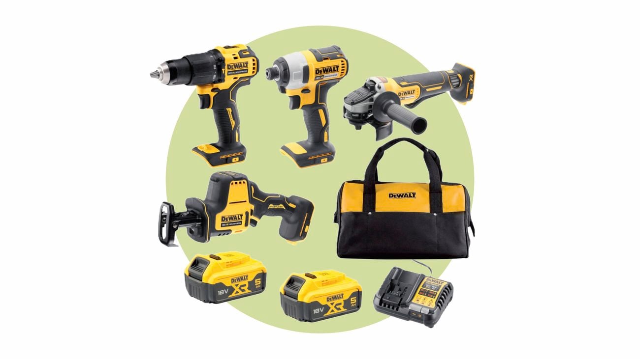 DeWALT four-piece power tools combo kit with a duffle bag and batteries on a light green background.