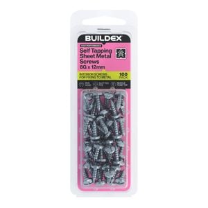Buildex 8G x 12mm Zinc Plated Self Tapping Sheet Metal Screws - 100 Pack