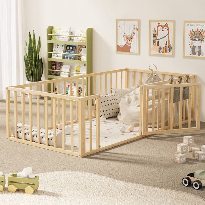 Oikiture 2-in-1 Kids Bed Play Centre Fence Gate Single Wood