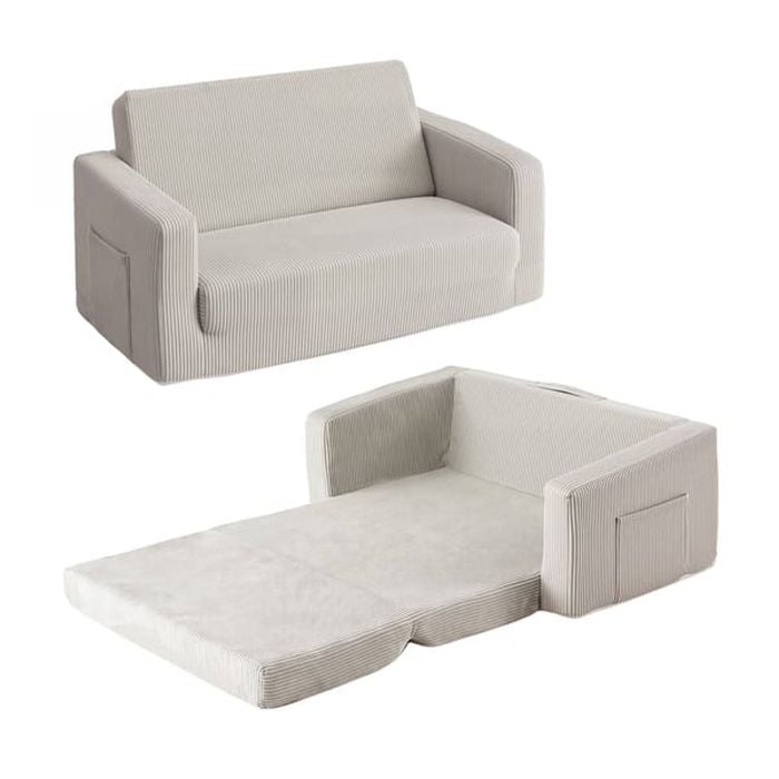HOMFURN 2-in-1 Kids Flip-Open Sofa Bed, Corduroy Fabric with Side Pocket, Light Grey, No Assembly Needed