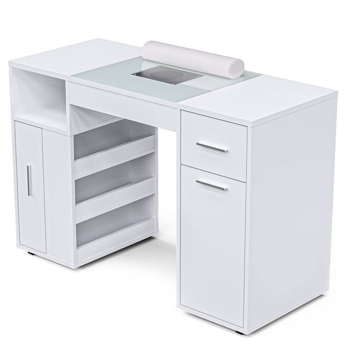 Ufurniture Manicure Table Nail Desk Electric Dust Collector Wrist Rest Drawers Shelves Cabinet Storage Rolling Wheels White