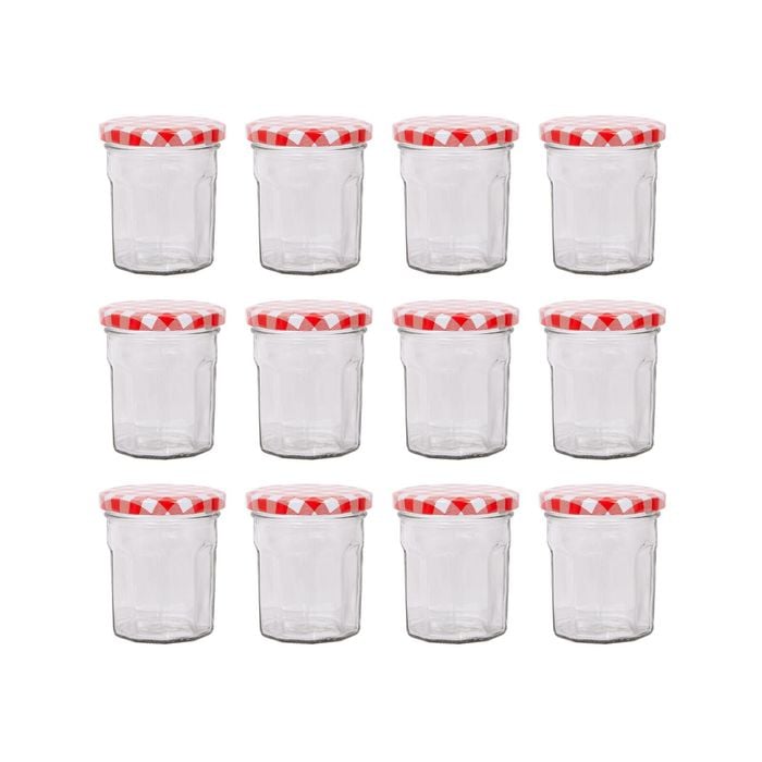 Argon Tableware 150ml Glass Jam Jars With Airtight Red Gingham Lids - Set Of 12 Empty Screw Top Kitchen Storage Preserving Jar