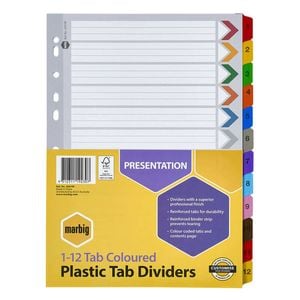 Marbig Manilla Plastic Tab Dividers A4 (Coloured) (1-12 Tab)
