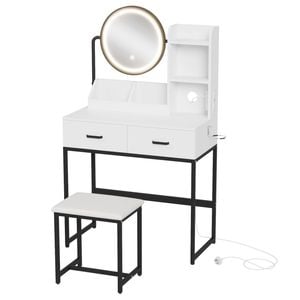 Ufurniture LED Dressing Table with Charging Station Rotating Mirror White& Black