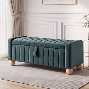 HOMFURN Green Velvet Storage Ottoman Bench with Ball Feet, Hidden Compartment, 150kg Capacity