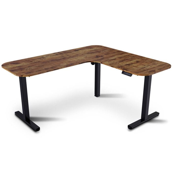 FORTIA Corner Standing Desk, 160x140cm, 72-118cm Sit, Electric Height Adjustable, Walnut Style Desktop/Black Frame