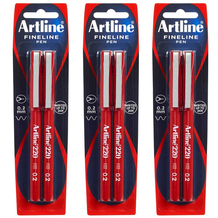 6pc Artline Fineline 220 Super Fine 0.2mm Line Width Work/school Writing Pen Red