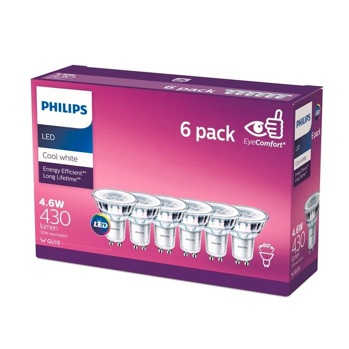 Philips LED Cool White Classic 4.6w GU10 Globe - 6 Pack