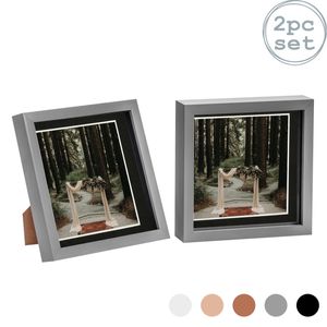 Nicola Spring Acrylic 3D Box Photo Frames with 6" x 6" Mounts - 8" x 8"  - Grey - Pack of 2