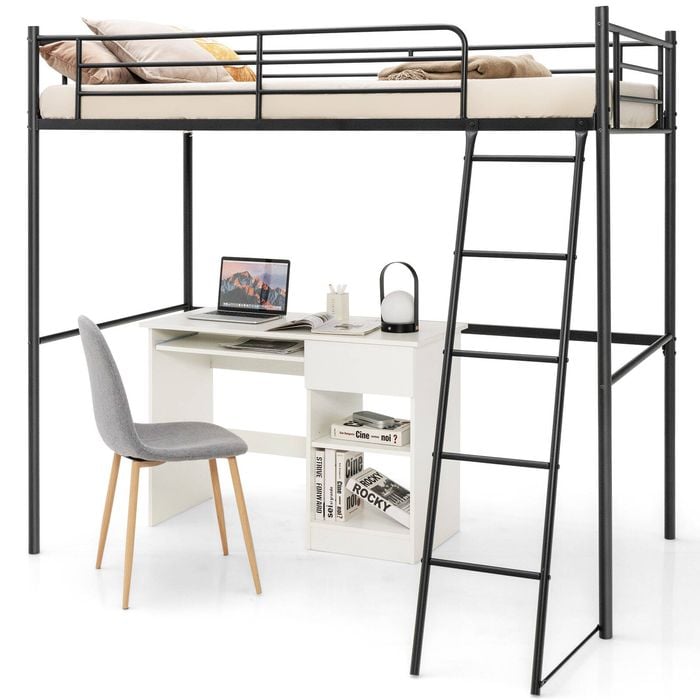 Costway Single Loft Bed Frame Metal Bed Base W/ladder Underneath Floor Space Black
