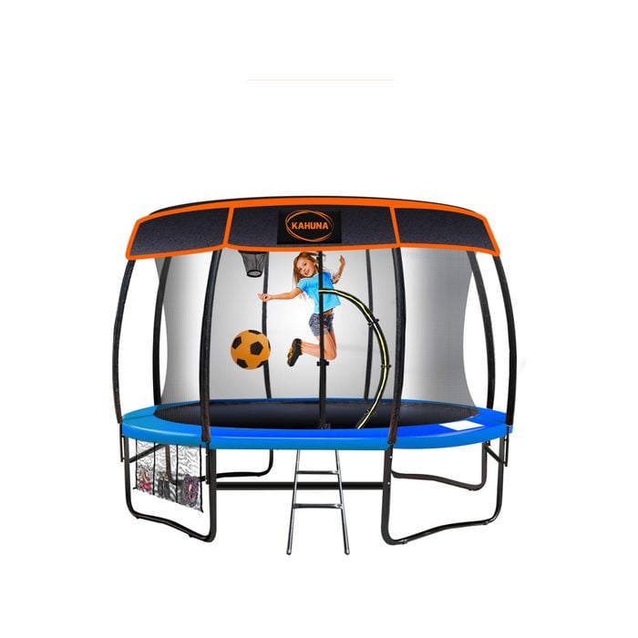 Kahuna Trampoline 10 Ft With Basketball Set And Roof Cover  -blue