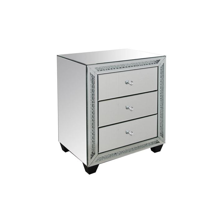Bed Side Table Silver Colour Mirror Crystal Beads 3 Drawers