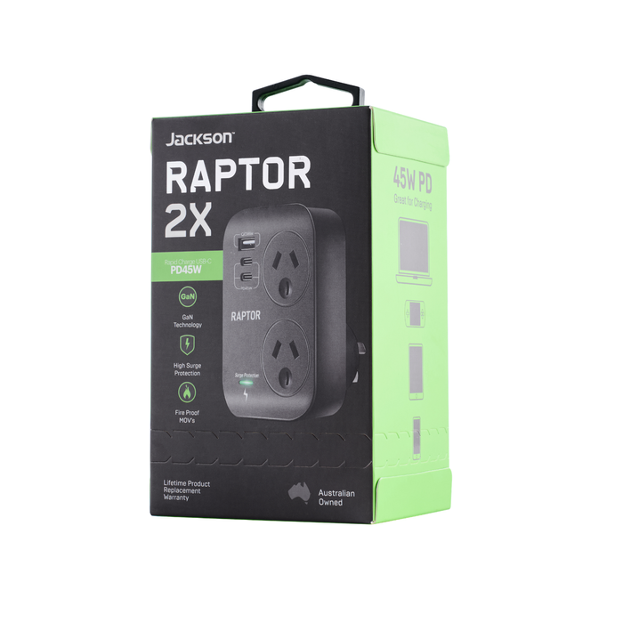 Jackson 45W Raptor 2 Outlet Slimline Double Adaptor With USB 1A 2C