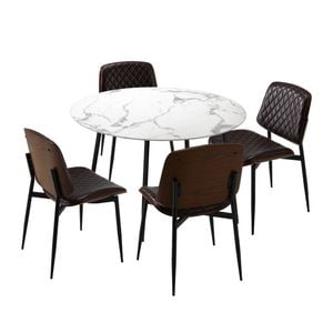 Oikiture 5PCS Dining sets 110cm Round Table with Chairs PU Walnut