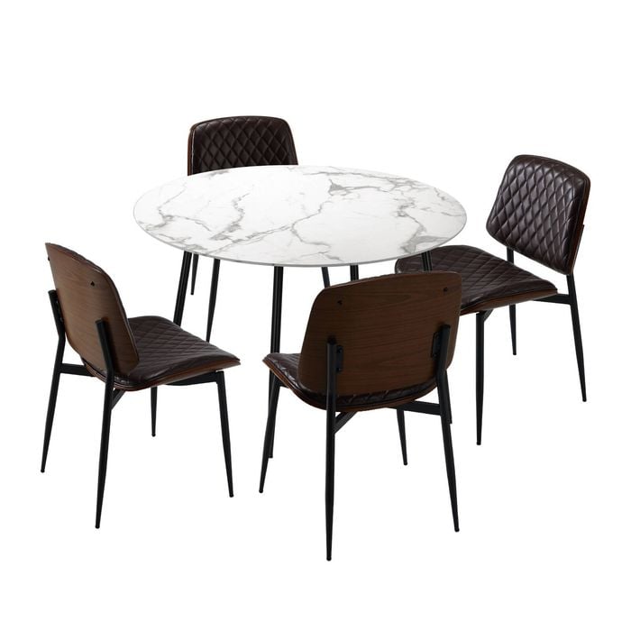 Oikiture 5PCS Dining sets 110cm Round Table with Chairs PU Walnut
