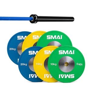 Smai Competition Bumper Plate Set With Barbell - 90kg - 20kg Blue Barbell