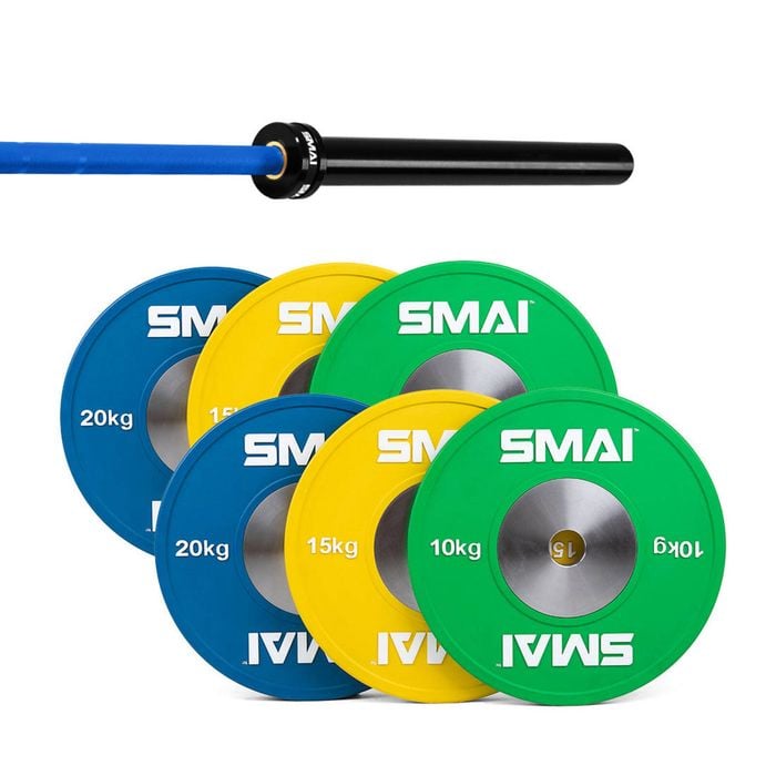 Smai Competition Bumper Plate Set With Barbell - 90kg - 20kg Blue Barbell
