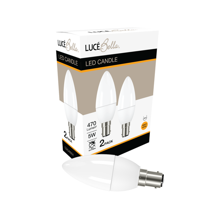 Luce Bella Candle B15 LED 470lm Warm White 5W Globe - 2 Pack