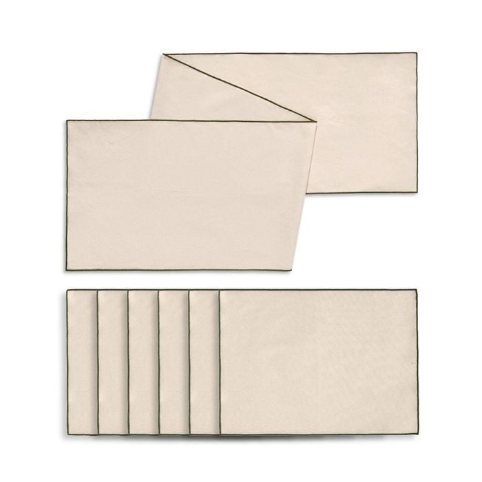 Cadence & Co. Harvest Table Runner With Set Of 6 Placemats Natural With Olive Edge