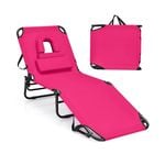 Costway Folding Beach Sun Lounger Adjustable 5-Position Beach Chaise Chair Pink