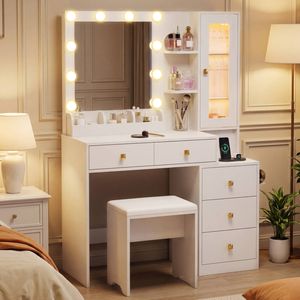 Ufurniture Dressing Table with RGB Ambient Light LED Makeup Mirror and Glass Display Cabinet White