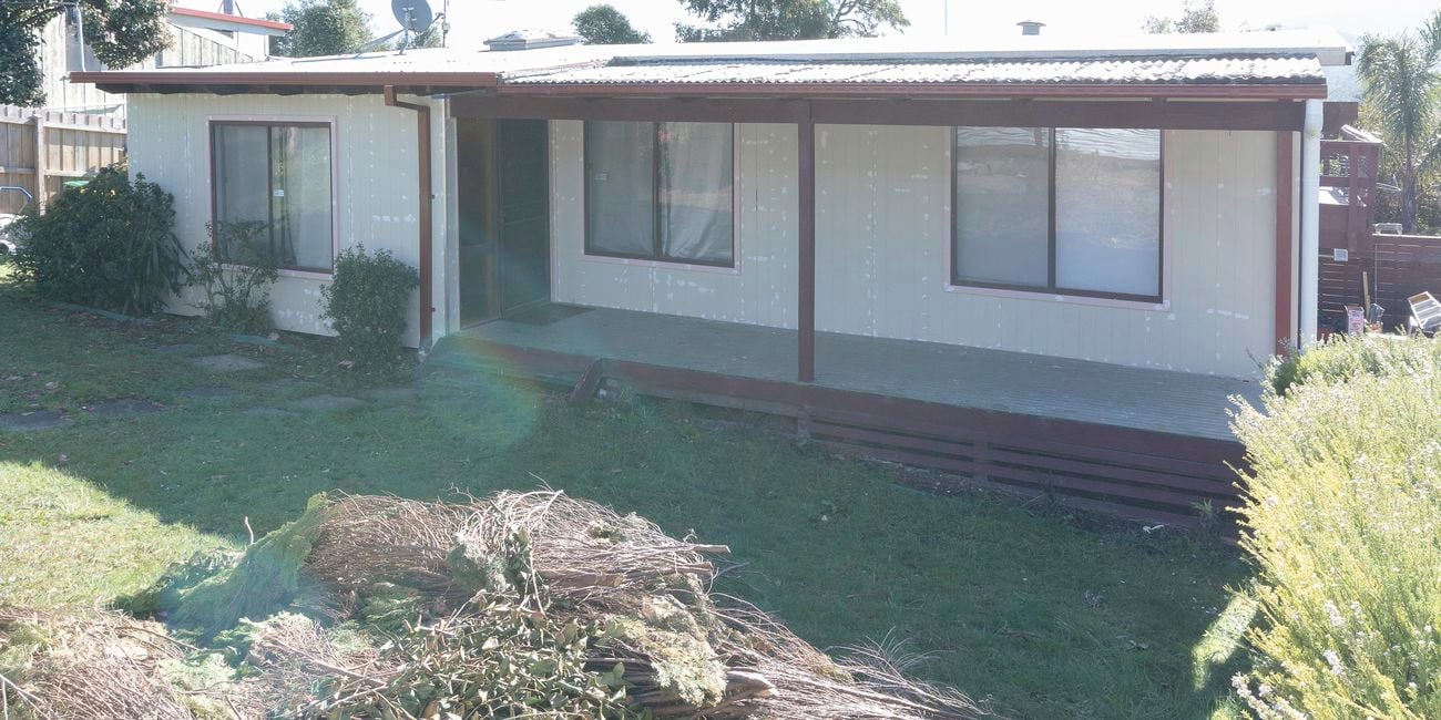 Front yard before transformation image of weatherboard house with tree debris on the front lawn
