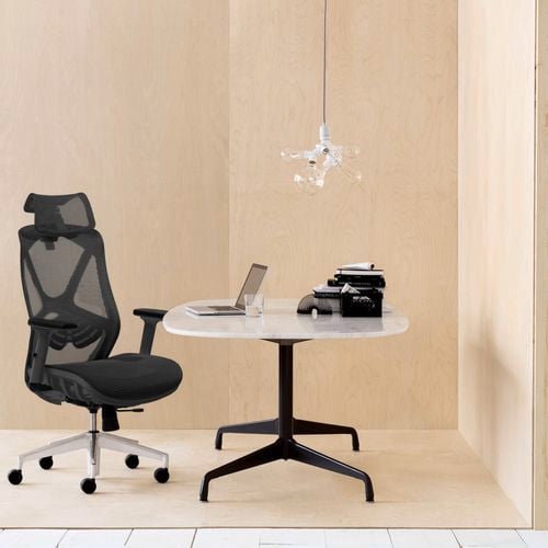 This ergonomic mesh office chair features a headrest, lumbar support, and adjustable arms for all-day comfort. I/N: 0362881