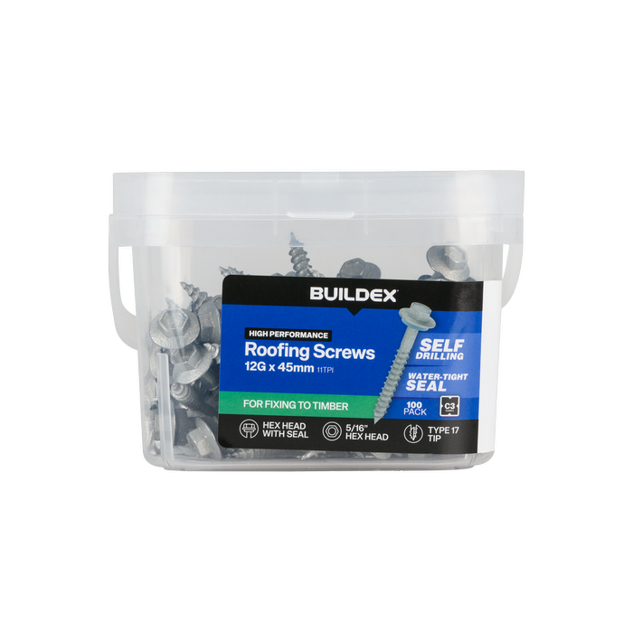 Buildex 12G x 45mm Class 3 Cladding Screws with Seal - 100 Pack