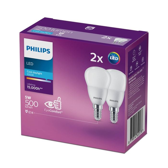 Philips B35 E14 LED 500Lm Cool Daylight 5W Fancy Round - 2 Pack