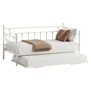 Oikiture Trundle Bed Frame Daybed Single Size Base Metal 2x Single Beds Beige