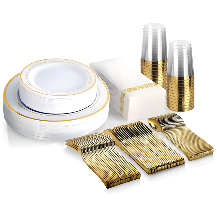 175pcs Gold-Edged Plastic Cutlery Pack of 25 Dining Sets Food-Grade
