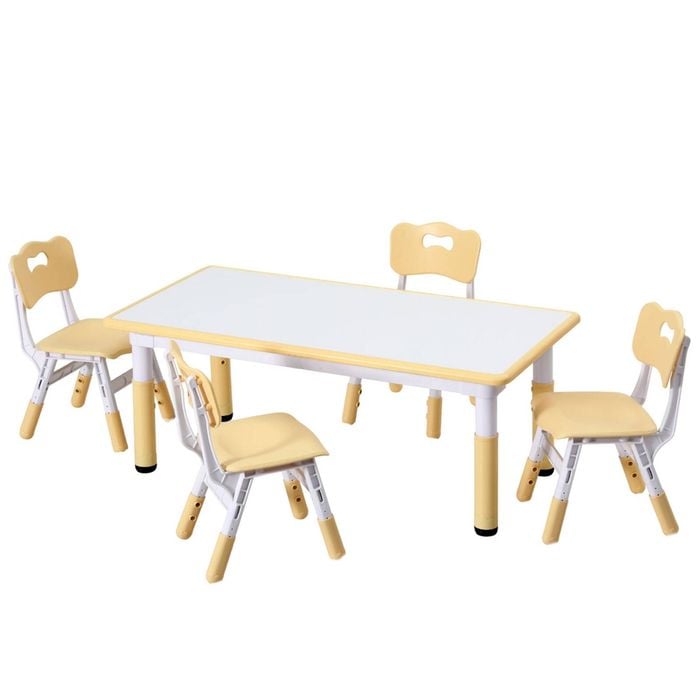 Keezi Kids Table And 4 Chairs Set Height Adjustable Toddler Drawing Desk Yellow