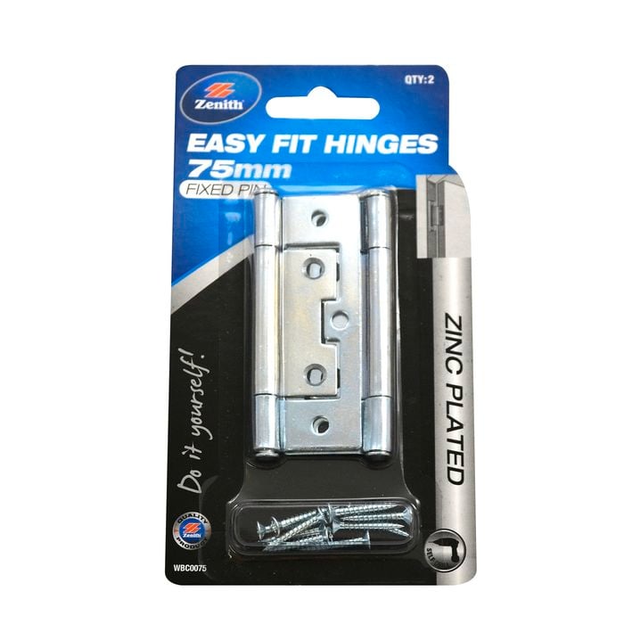 Zenith Easy Fit Hinge  75mm Zinc Plated Fixed Pin  2pk
