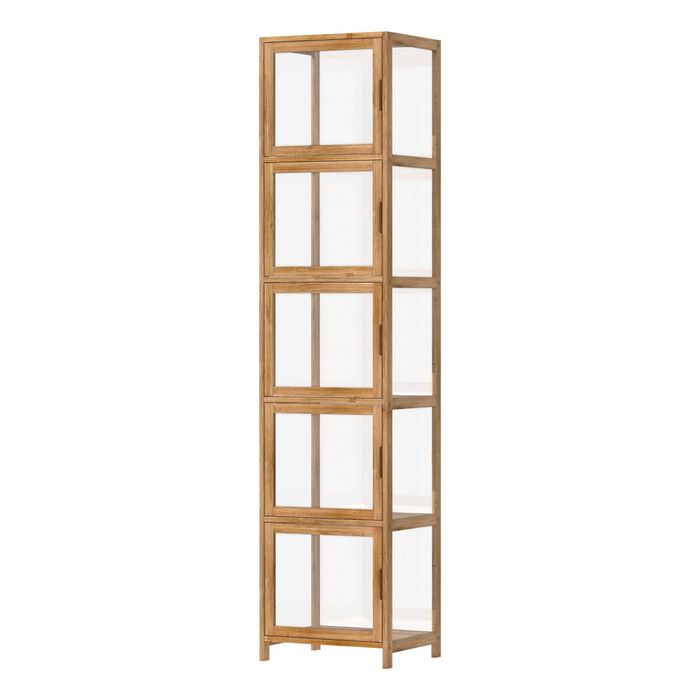 Oikiture Display Cabinet 5-Tier Slim Storage Shelves Clear Bookcase Rack Brown