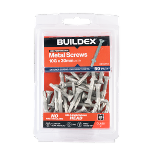 Buildex 10G x 30mm Class 3 Sheet Metal Screws Countersunk Rib Head - 50 Pack