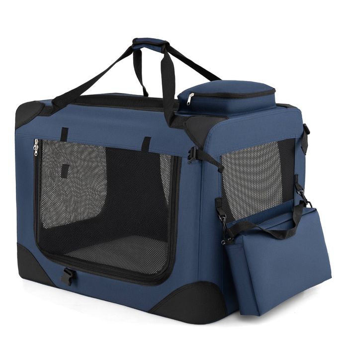 Costway 72cm Collapsible Soft Dog Crate Portable Dog Travel Crate w/Mesh Windows Removable Fleece Bed-Blue