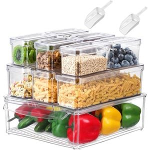 10-Pack Clear Pantry Organizer Bins with Lids and Spoons - Storage for Kitchen, Cabinets, Fridge