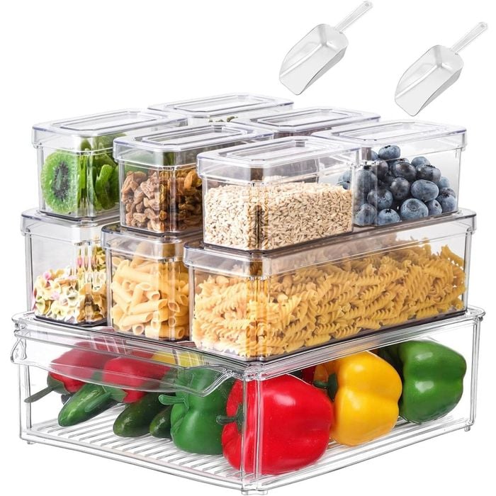 10-Pack Clear Pantry Organizer Bins with Lids and Spoons - Storage for Kitchen, Cabinets, Fridge