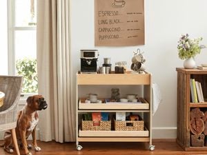 Coffee cart with coffee maker and mugs and dog standing next to dinner table.
