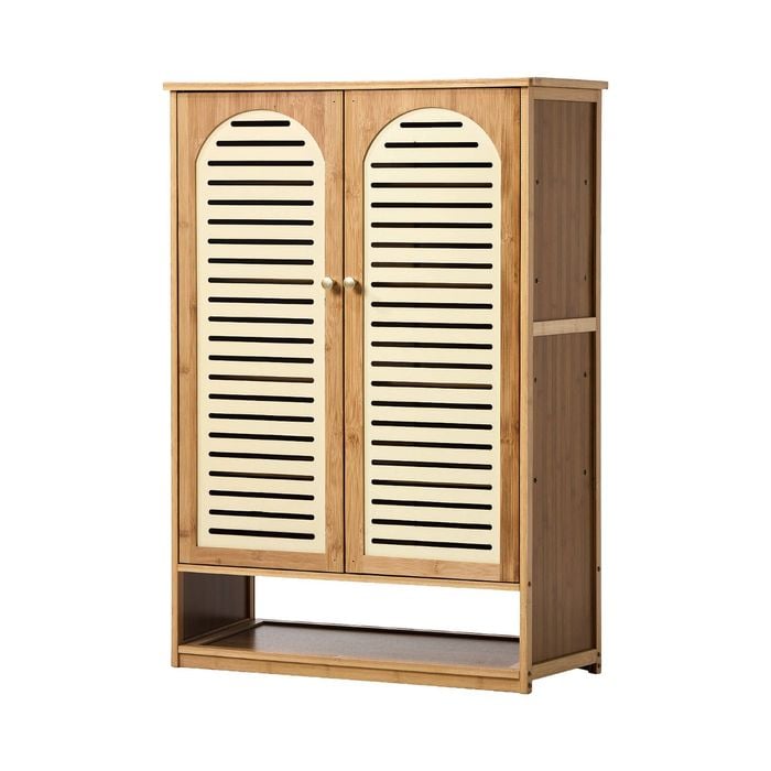 Oikiture 2 Doors Shoe Storage Cabinet Bamboo Shelf Beige