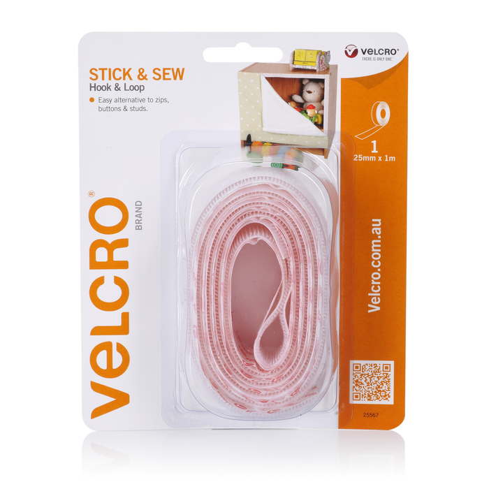VELCRO 25mm x 1m White Stick And Sew On Hook And Loop Tape Combo