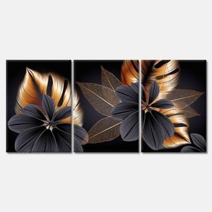 3 Set of Gold Floral Abstract Print 100% Australian Made 3 x 60x90cm (Stretched Canvas)