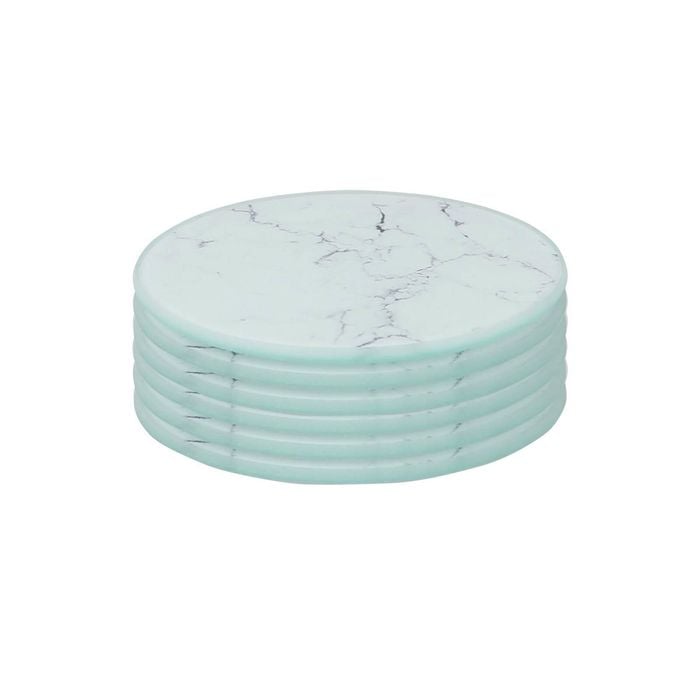 6x Round Glass Coasters - 10cm - Marble Effect - Tabletop Protection Mat Drink Coaster Decorative Dining Placemat