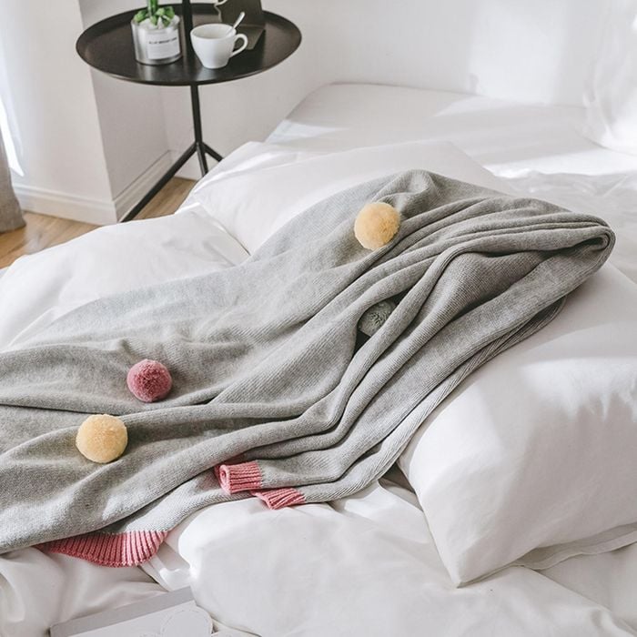 CottonMore Cotton Knitted Blanket Coloured Pompom Sofa Bed Throw Rug 130x160cm Grey