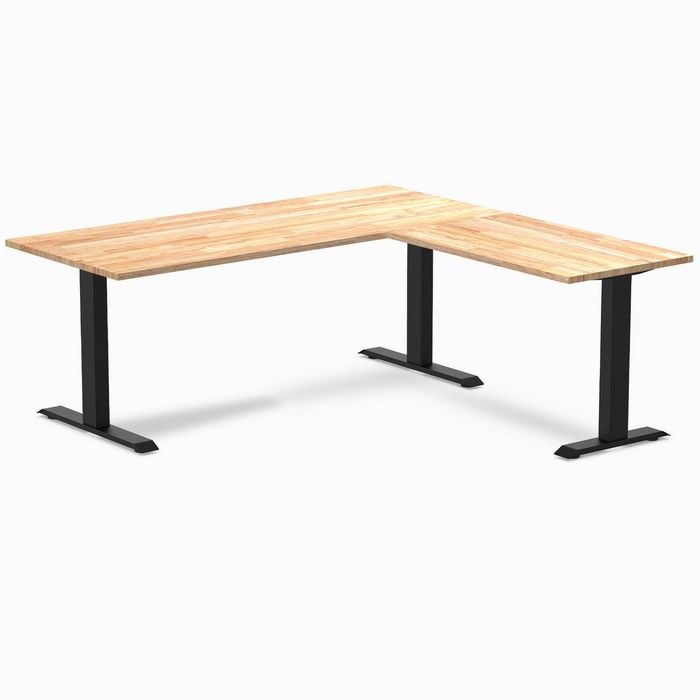 Desky Fixed Height Natural Timber Rubberwood L-shape Office Desk 1800x1750mm Matte Black Frame