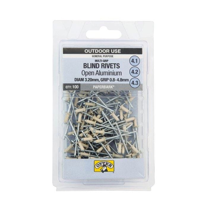Otter Paperbark® 3.2 x 0.8-4.8mm Multi-Grip Open Aluminium Blind Rivets - 100 Pack