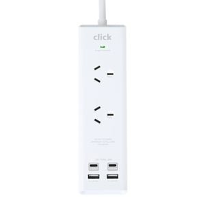 Click Fast Charging 2 Outlet White Wall Mountable Powerboard with USB A & C Outlets