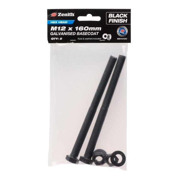 Zenith M12 x 160mm Black Hex Head Bolt - 2 Pack